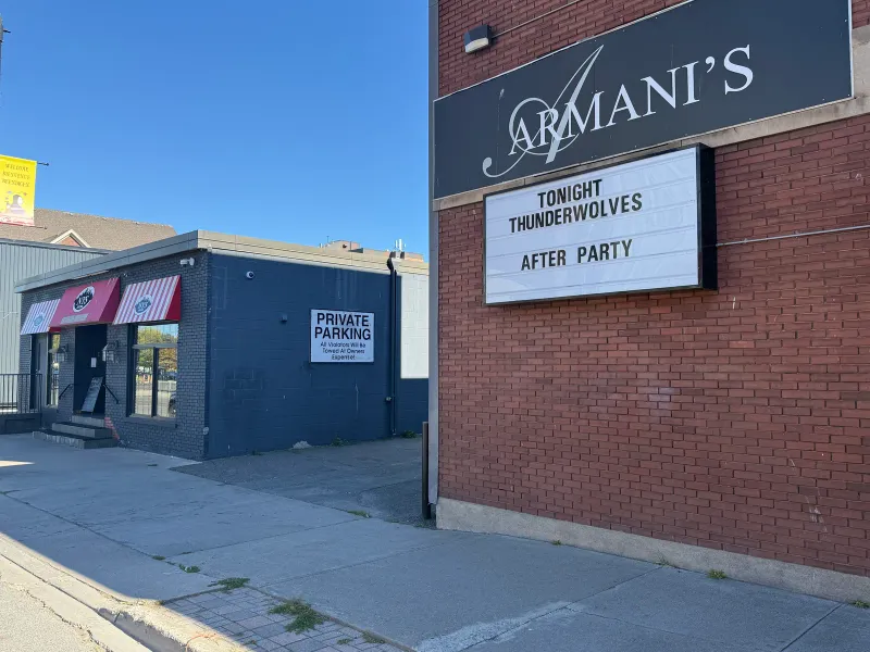 Armani's entrance sign at downtown Thunder Bay