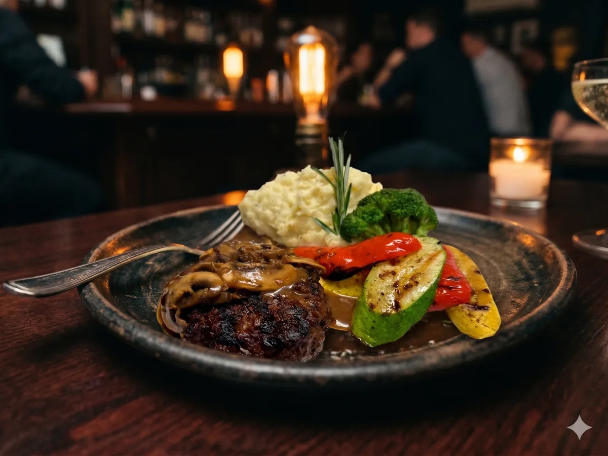 Braised Butcher Steak with mushroom gravy and garlic mashed potatoes